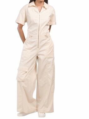 ZARA White Beige Short Sleeve Utility Jumpsuit Cotton Wide Leg - Medium